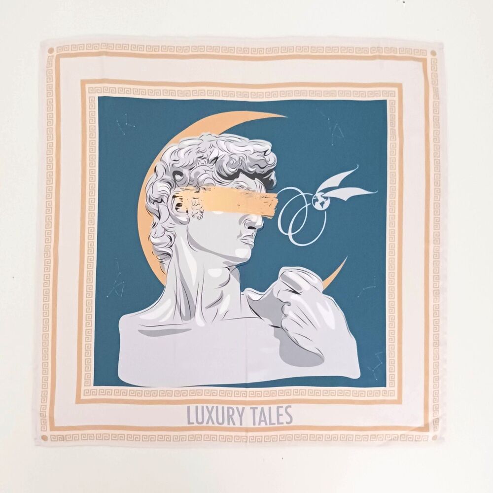 NEW Luxury Tales 100% Silk Scarf Michelangelo David Blindfolded 30"  Made Greece